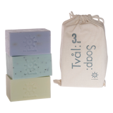 stack of three lemongrass, poppy & lavender soaps by Iris Hantverk Sweden with packaging cut-out image