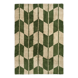 A rectangular rug with a 3D geometric cube pattern in moss green and beige by Broste Copenhagen, shown flat against a white background.