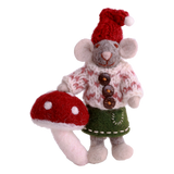 Gry & Sif Grey Hanging Felt Girl Mouse With Mushroom Small