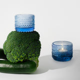 aqua Kastehelmi glass votives by Iittala Finland with green vegetables