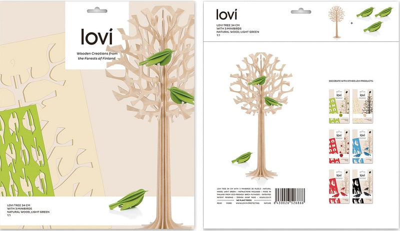 Lovi Tree 34cm Natural Wood With Light Green Birds