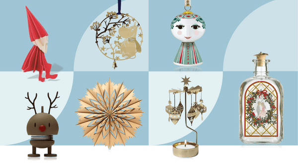 Four Scandinavian Christmas decoration styles showing folk ornaments, natural wood decorations, traditional glass ornaments and joyful character pieces