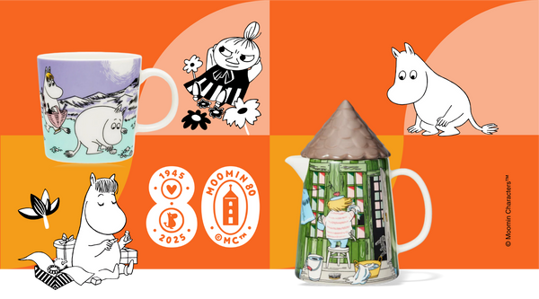 Arabia Finland Moomin 80th anniversary collection featuring classic character mugs with Little My, Moomintroll, and Moominhouse designs celebrating 1945-2025 milestone