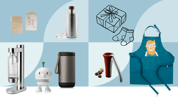 Curated selection of Scandinavian Christmas gifts for men featuring premium barware, designer speaker and quality homeware on minimalist surface