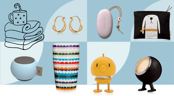 Selection of contemporary Scandinavian gifts for teenagers including gold hoop earrings, portable speaker and stylish accessories arranged on neutral background