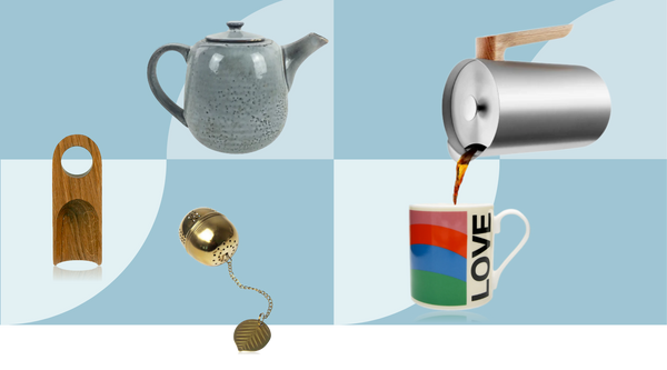 Nordic coffee and tea essentials including ceramic teapot, stainless steel cafetiere, wooden coffee scoop and colorful mug - Swedish fika accessories from The Scandinavian Shop