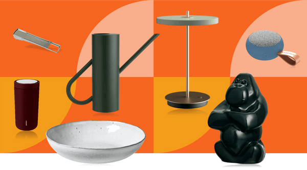 What we want for Christmas staff picks hero image featuring Stelton watering can, Umage Asteria lamp, Broste bowl, Kosta Boda gorilla, Kreafunk speaker, Drosselmeyer tea infuser and Stelton travel cup