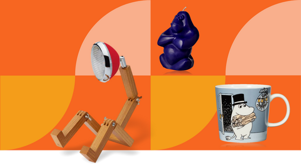Father's Day gift guide featuring Moominpappa mug, Kosta Boda gorilla candle, and Mr Wattson lamp from Nordic homeware store The Scandinavian Shop