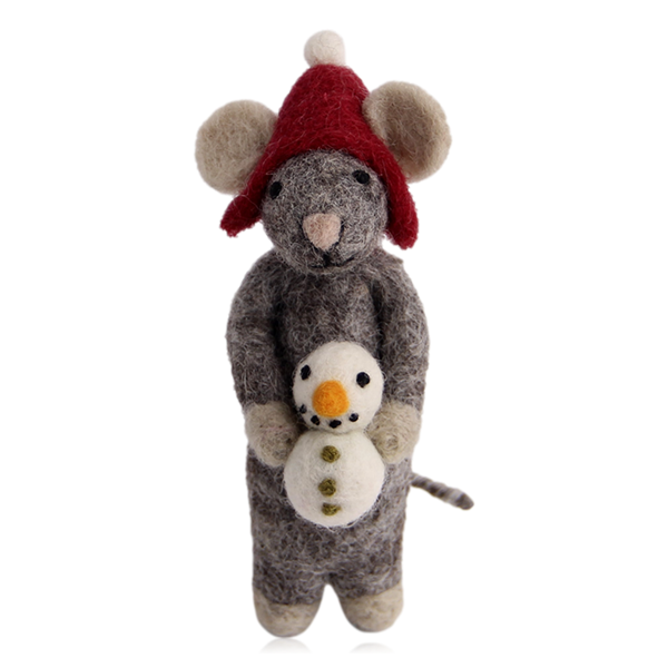 Gry & Sif Felt Grey Mouse With Snowman