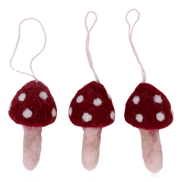 Gry & Sif Set Of 3 Hanging Felt Mushroom Decorations Red