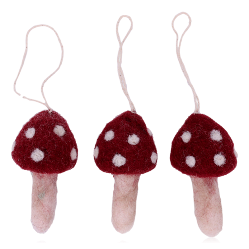 Gry & Sif Set Of 3 Hanging Felt Mushroom Decorations Red