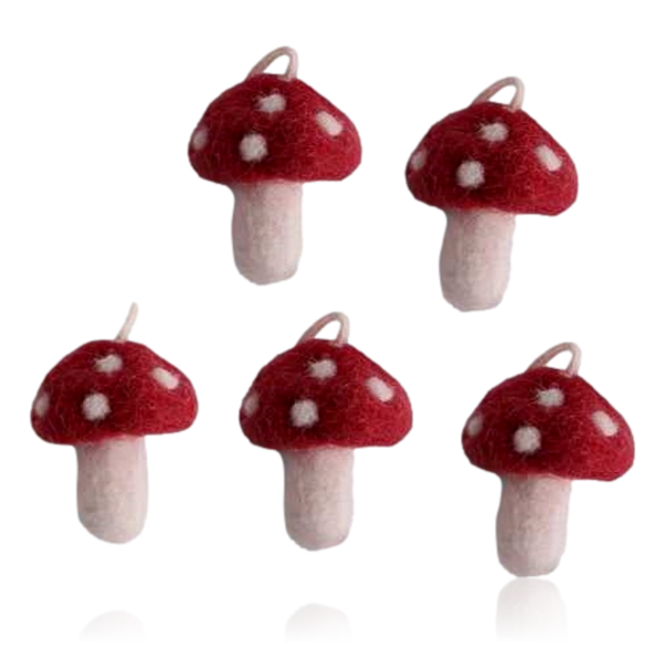 Gry & Sif Set Of 5 Mini Red Felt Mushrooms