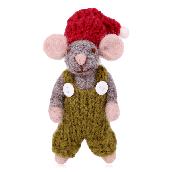 Gry & Sif Grey Felt Mouse Decoration With Knitted Green Pants