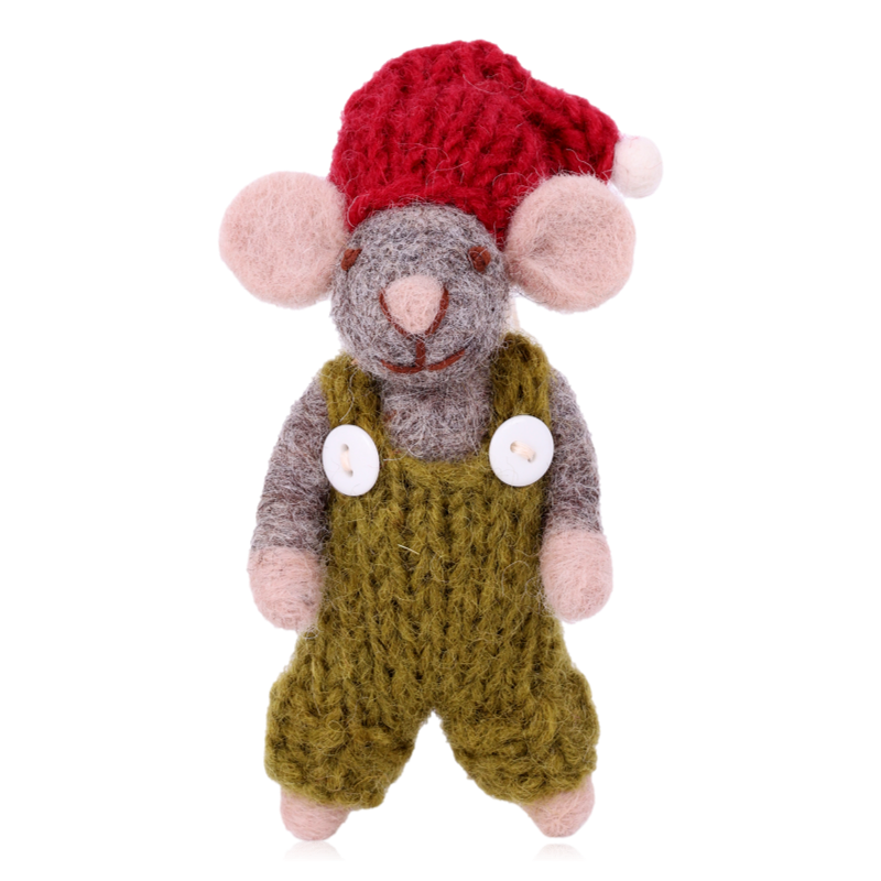 Gry & Sif Grey Felt Mouse Decoration With Knitted Green Pants