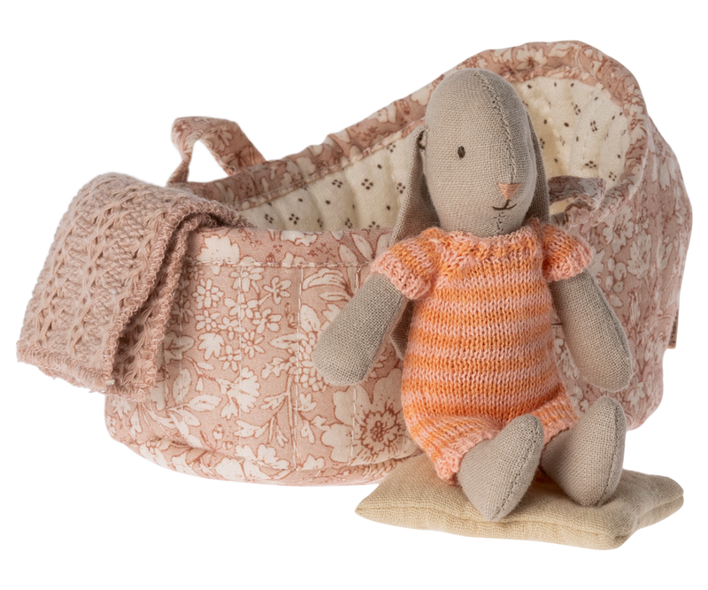 Maileg Micro Bunny in Carrycot Coral/Peach