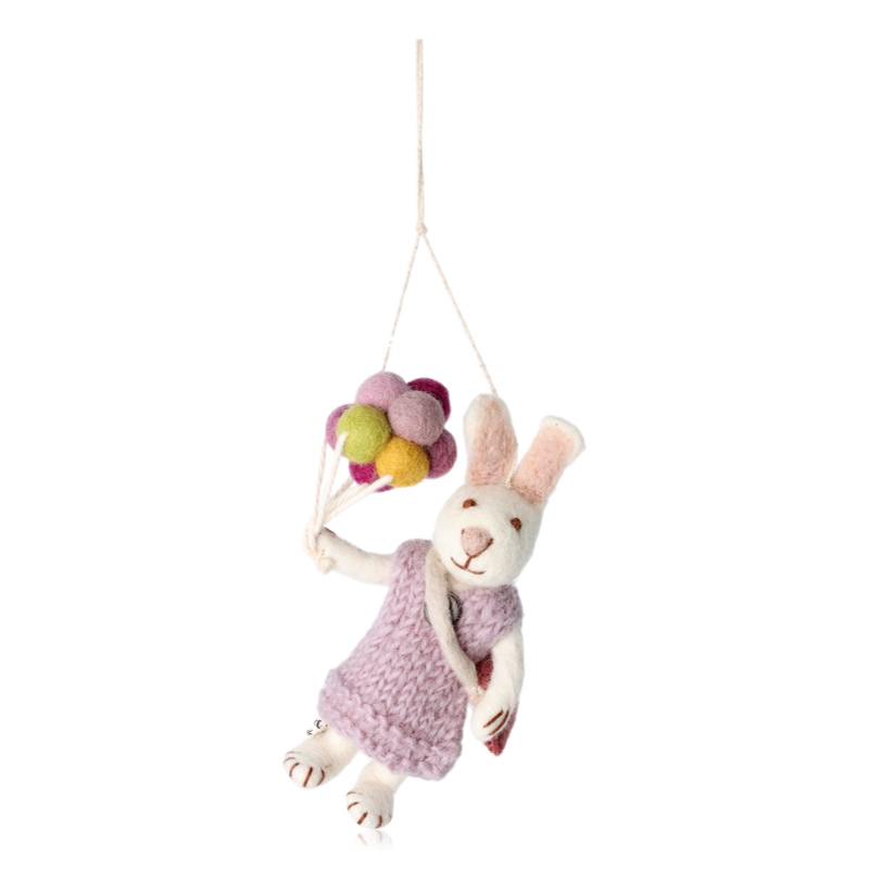 Gry & Sif White Felt Bunny Girl With Balloons