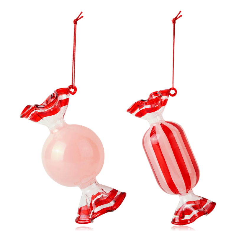 Broste Hanging Glass Candy Ornaments Pink & Red