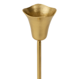 Close-up detail of the tulip-shaped head of a single small-sized brass Ria candle holder from Broste Copenhagen, shown against a solid white background