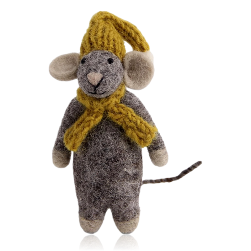 Gry & Sif Felt Grey Mouse With Yellow Hat & Scarf
