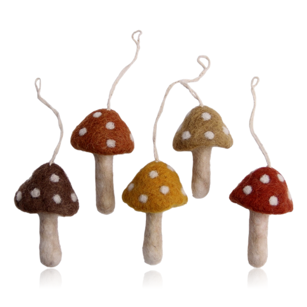 Gry & Sif Set of 5 Hanging Felt Mushrooms Rusty Red