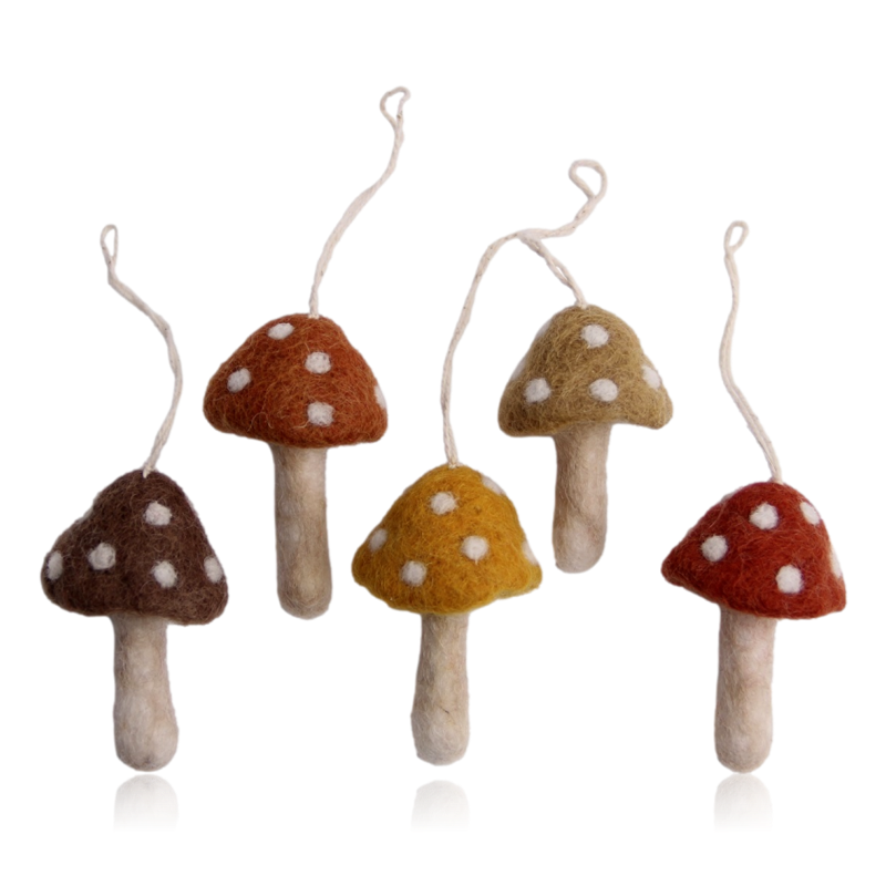 Gry & Sif Set of 5 Hanging Felt Mushrooms Rusty Red