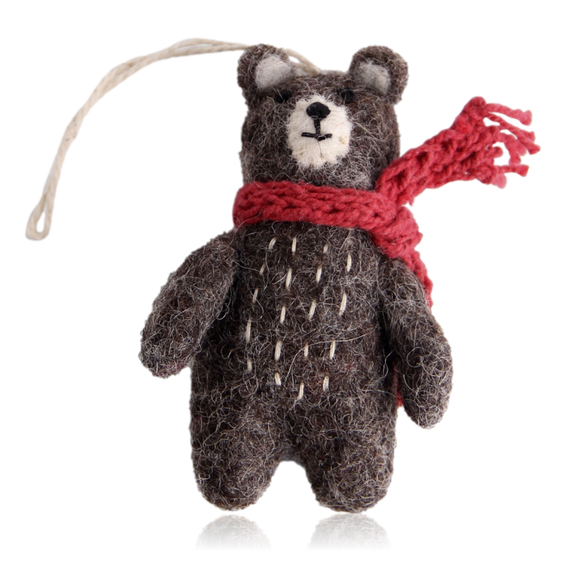 Gry & Sif Mini Felt Bear Hanging Decoration With Red Scarf