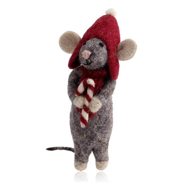 Gry & Sif Grey Felt Mouse With Candy Cane
