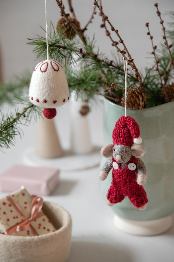 Gry & Sif Grey Hanging Felt Mouse Decoration Red Dungarees