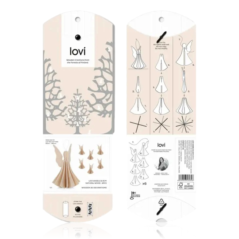 Lovi Set Of 6 Mini Angel Decorations 6.5cm Natural Wood