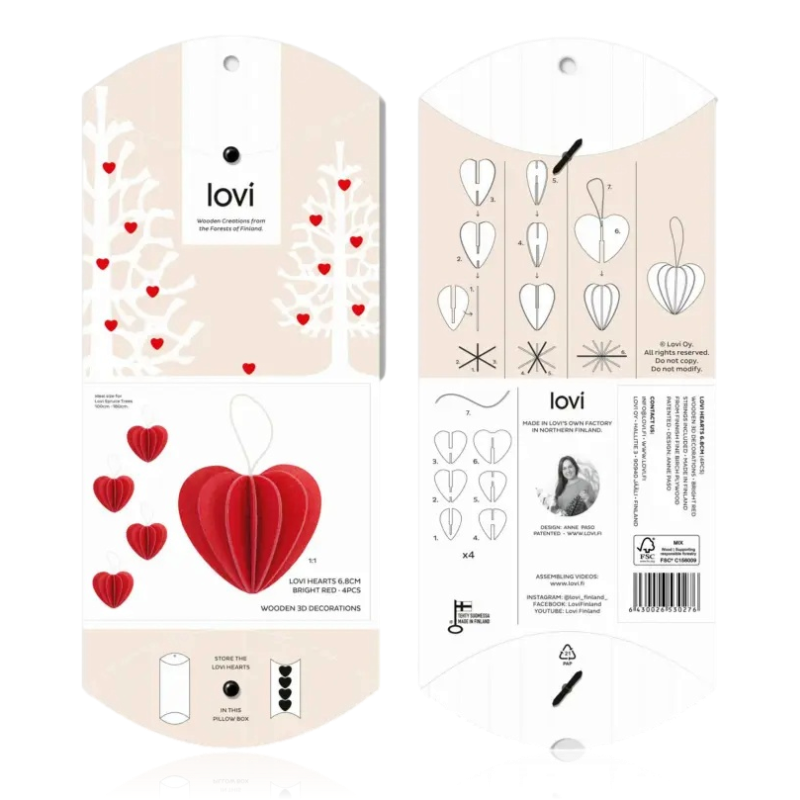 Lovi Heart Decoration 6.8cm Set of 4 Bright Red