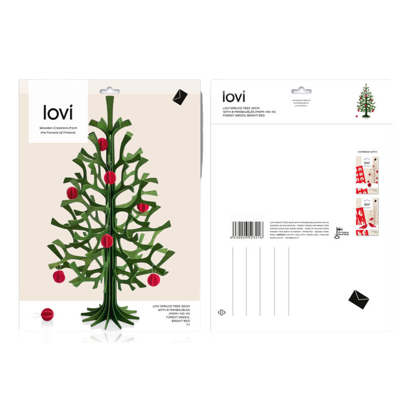 Lovi Spruce Tree 30cm Forest Green With Red Mini Baubles