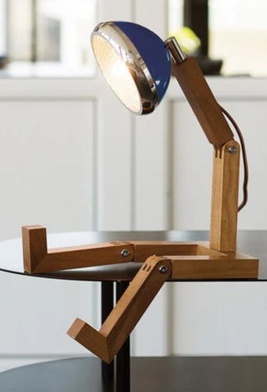 Mr Wattson wood and metal lamp on a glass table - one of the Fathers Day gift suggestions from The Scandinavian Shop