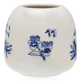 Blue & white ceramic Arabia Moomin vase with floral pattern on a white background reverse view