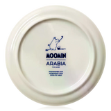 White ceramic Haru plate with blue 'Moomin Arabia' branding on a white background