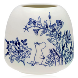 White ceramic vase with blue floral and Moomin  illustrations on a white background