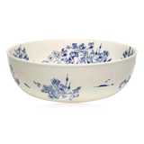 Arabia Moomin blue & white ceramic Haru serving bowl on a white background side view