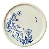 Ceramic Arabia Moomin plate with blue floral and Hemulen character design on a white background