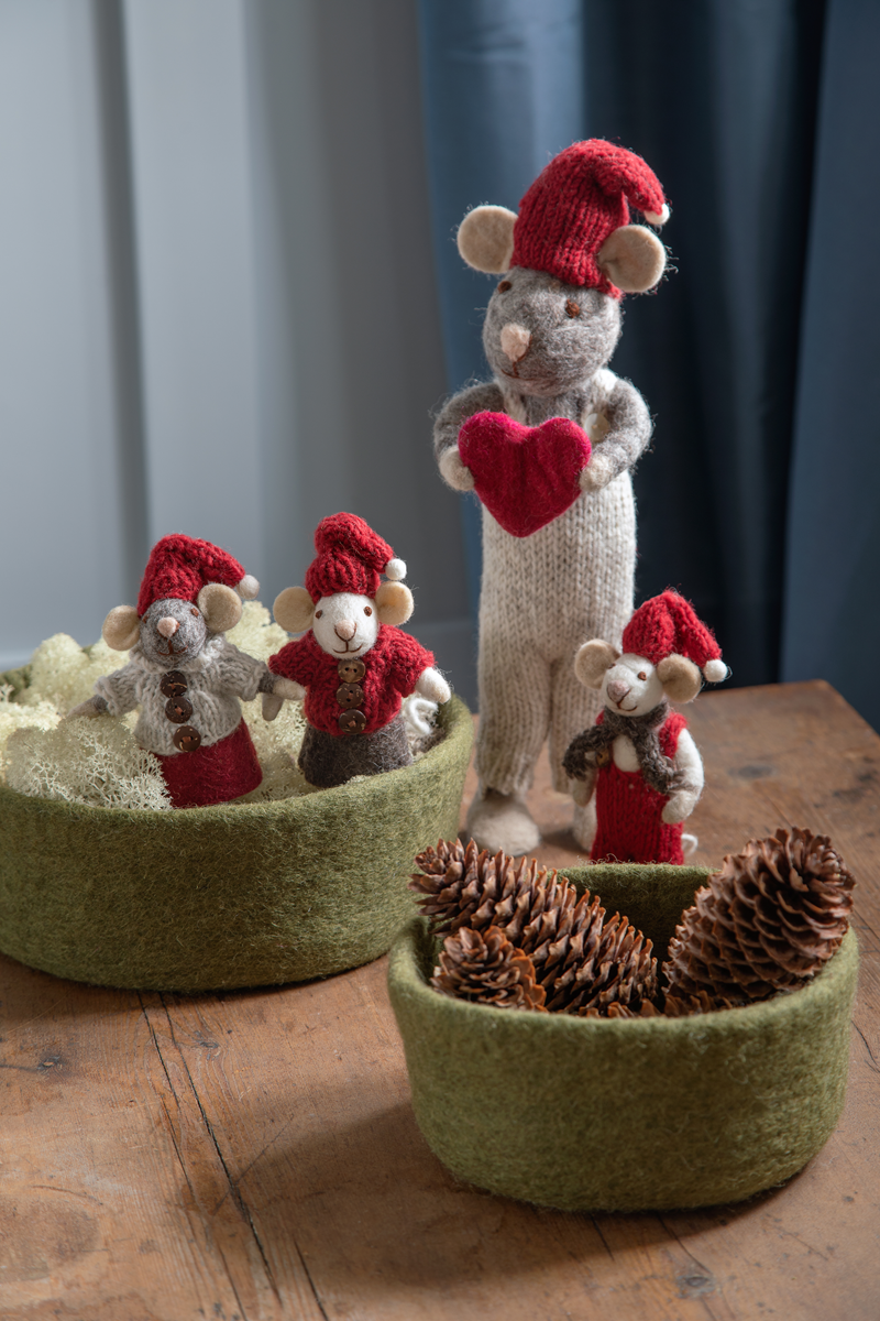 Gry & Sif Grey Hanging Felt Mouse Decoration Red Dungarees