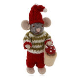 Gry & Sif Grey Hanging Felt Mouse Boy Mouse With Mushrooms Small