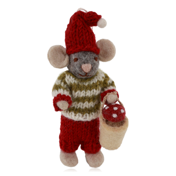 Gry & Sif Grey Hanging Felt Mouse Boy Mouse With Mushrooms Small