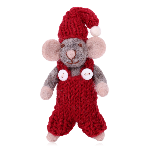 Gry & Sif Grey Hanging Felt Mouse Decoration Red Dungarees