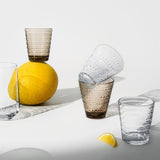 Iittala glass Kastehelmi glass tumblers linen & clear with fruit
