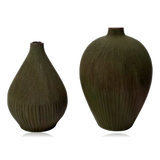 Lindform Ebba ceramic vase forest green paired with Kobe green vase on white backgroud
