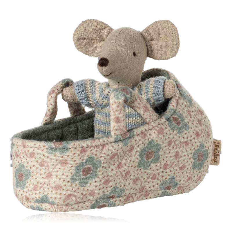 Maileg Baby Mouse in Carrycot Blue