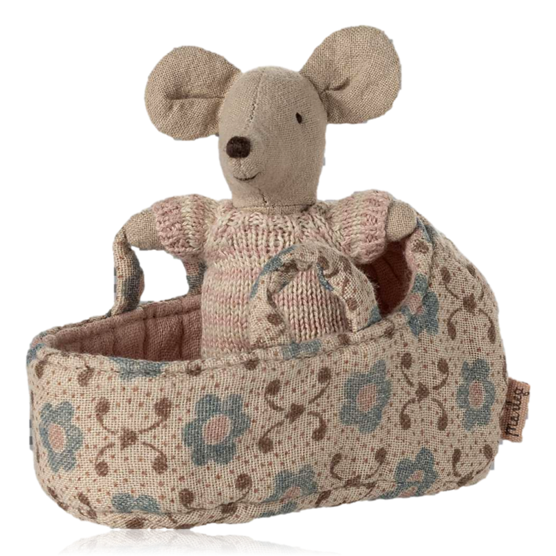 Maileg Baby Mouse in Carrycot Rose