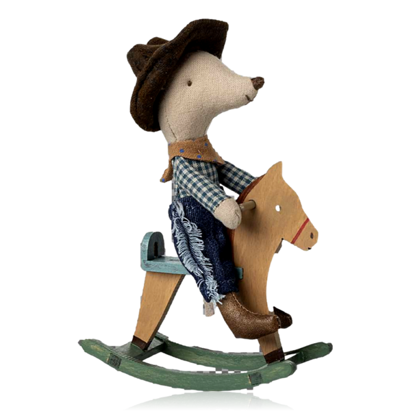 Maileg Little Brother Cowboy Mouse On Rocking Horse
