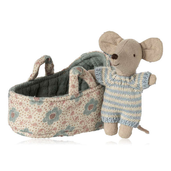 Maileg Baby Mouse in Carrycot Blue