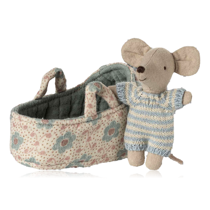 Maileg Baby Mouse in Carrycot Blue