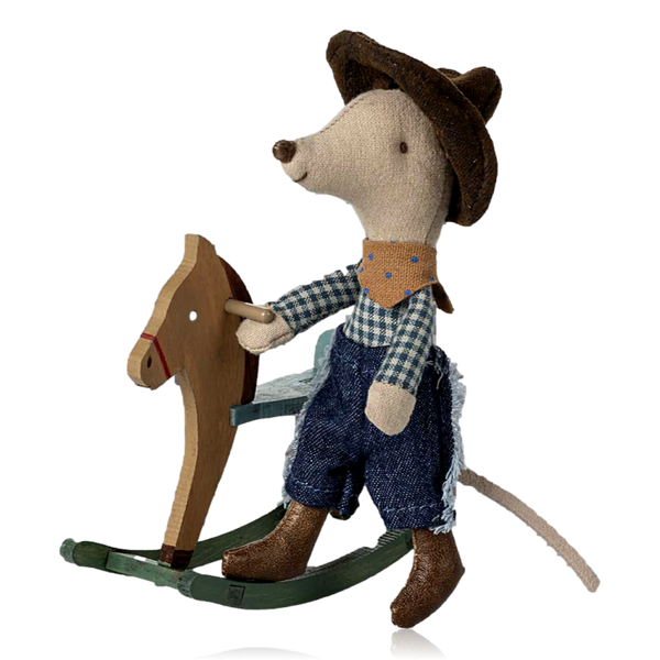 Maileg Little Brother Cowboy Mouse On Rocking Horse