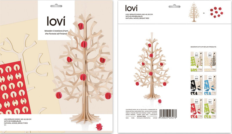 Lovi Spruce Tree 30cm Natural Wood With Red Mini Baubles